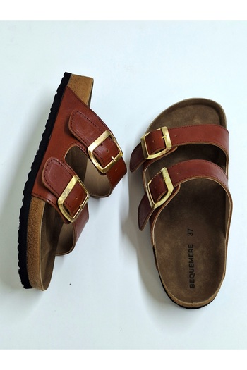 Bequemere Yellow Buckle Double Banded Genuine Skin Leather Daily Use Orthopedic Unisex Slippers