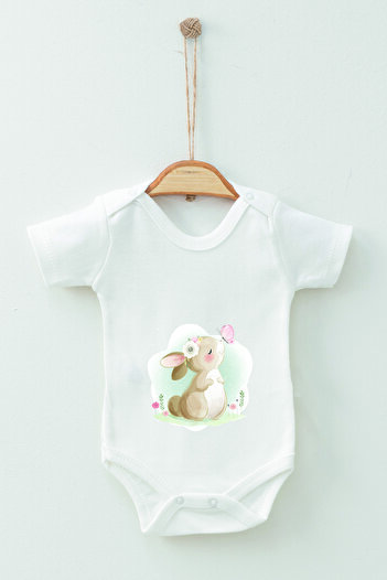 ADABEBEK Watercolor Rabbit Themed Short Sleeve Badi Baby Bodysuit