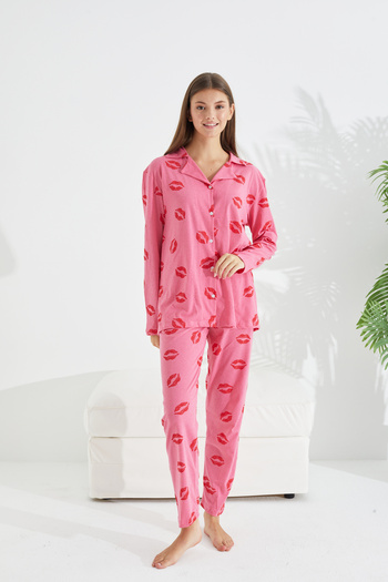 Siyah İnci Pink lip patterned Cotton Button Pajama Set