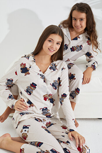 Siyah İnci Buttoned Pajama Set with cream hat and Teddy Bear Pattern