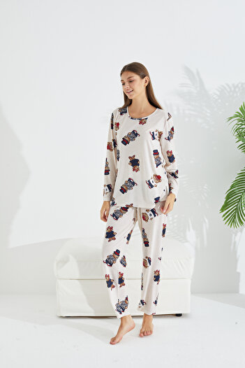 Siyah İnci Pajama Set with cream hat and teddy bear pattern