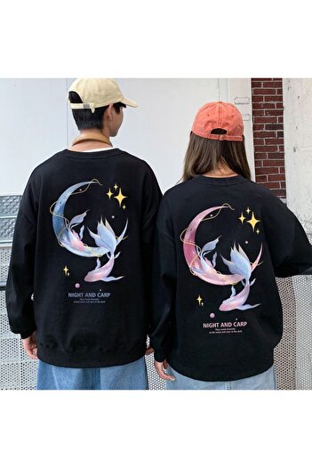 Mythologie Night And Carp Lover Couple Combination - Μαύρη στάμπα Oversize φούτερ με λαιμόκοψη