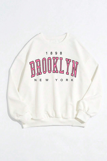 MODAGEN White Brooklyn Pink Printed Oversize Crew Neck Sweatshirt