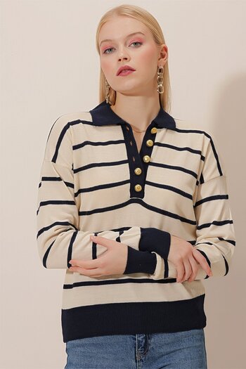 HAKKE Polo Neck Gold Button Striped Knitwear BLOUSE