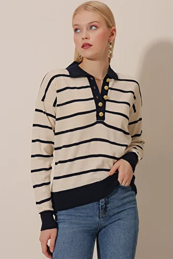 HAKKE Polo Neck Gold Button Striped Knitwear BLOUSE