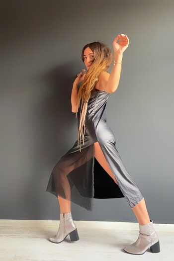 Quincey TULE DETAILED SLIT LEATHER TUNIC DRESS