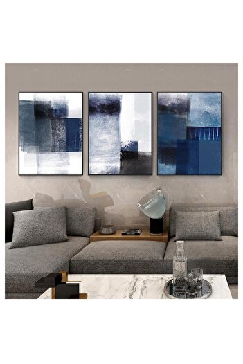 Linacci Set of 3 Black Aluminum Metal Frame Blue Abstract Glass Painting Set