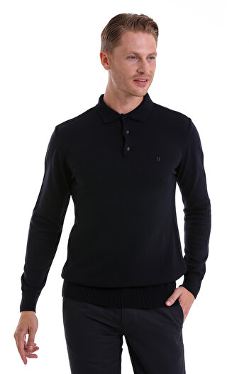 Hatemoğlu Lacivert Regular Fit Düz Polo Yaka Triko Kazak