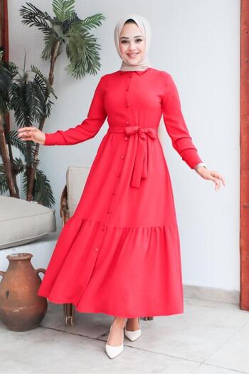 benguen 443 Shirt Collar Aerobin Hijab Dress Red