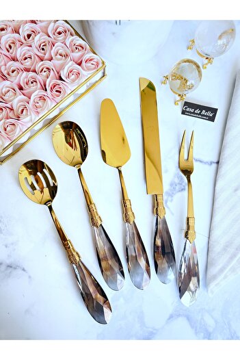 CASA DE BELLA Diamond Black 5 Piece Gold Serving Set with Crystal Handles