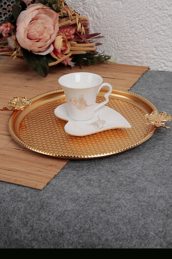 GİLLİ STORE Stainless Steel Round Model Tea Coffee Presentation Tray with Butterfly Detail 4 Pieces