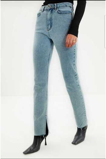 Ramrod Mavi Yırtmaçlı Yüksek Bel Slim Ispanyol Salaş Jeans