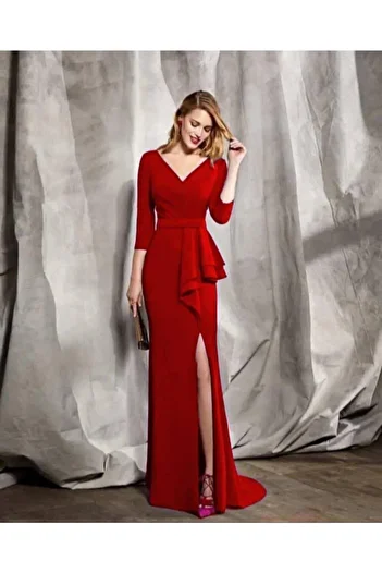 Bomestida Women's Red Three Quarter Sleeve V-Neck Slit Long Evening Dress 634