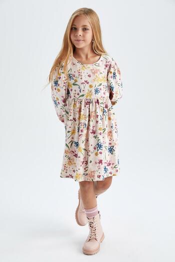 DeFacto Girl's Crew Neck Floral Long Sleeve Dress