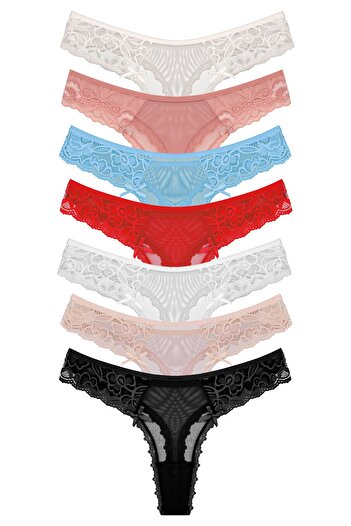 Zena 7-Piece Thong Women's Panties with Tulle and Lace Detail on the Front and Back