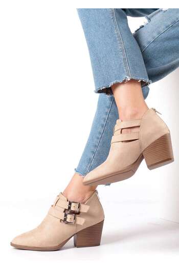 Bej Ayakkabı Women's Side Buckle Adjustable Back Zipper Heeled Shoes Tan