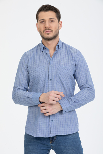 Varetta Men's Blue Collar Buttoned Double Pocket Classic Cut Checkered Long Sleeve Shirt