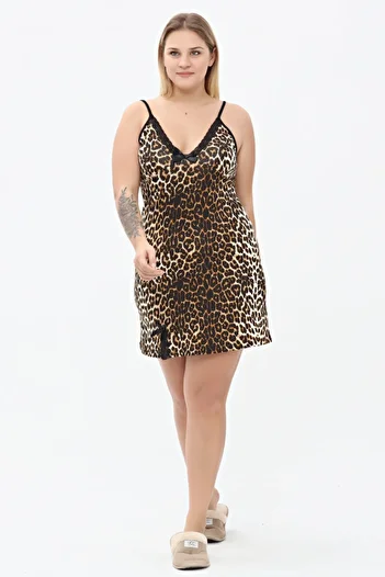 tarzımsüper Women's Large Size Strappy Leopard Patterned Slit Viscose Fabric Lace Above Knee Nightgown