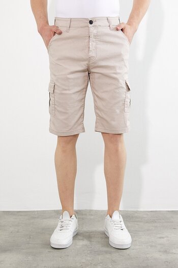 Serseri Jeans Men's Beige Color Cargo Stretch Fabric Slim Fit Capri Shorts with Side Pockets