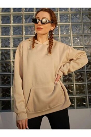 Benisengiydir Women's Beige Vintage Eagle Back Printed Oversize Hooded Sweatshirt