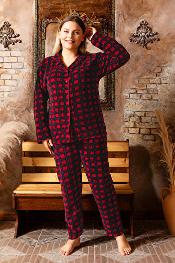 nisaNCa Plus Size Winter Buttoned Shirt Pajama Set