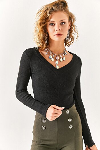 Olalook Schwarze, gestufte Bluse mit V-Ausschnitt und dickem Band für Damen BLZ-19002387
