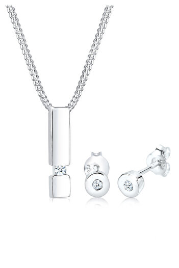 ELLI Schmuckset Geo Anhänger Solitär Diamant (0,09 ct.) 925 Silber