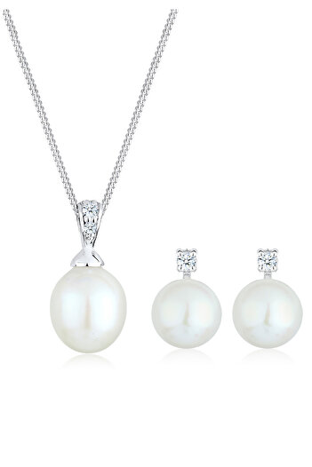 ELLI Schmuckset Süßwasserzuchtperle Diamant (0,10 ct.) 925 Silber