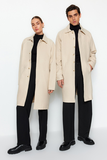 Trendyol Collection Stone Unisex Regular Fit Wool Blended Stamp Winter Coat TMNAW24KB00004