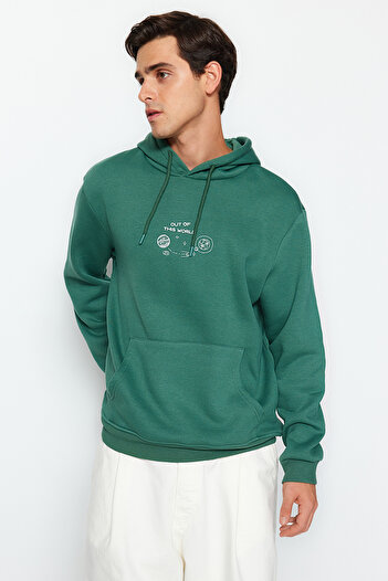 Trendyol Collection Green Space Embroidered - Φούτερ με ζεστή κουκούλα TMNAW24sw00101
