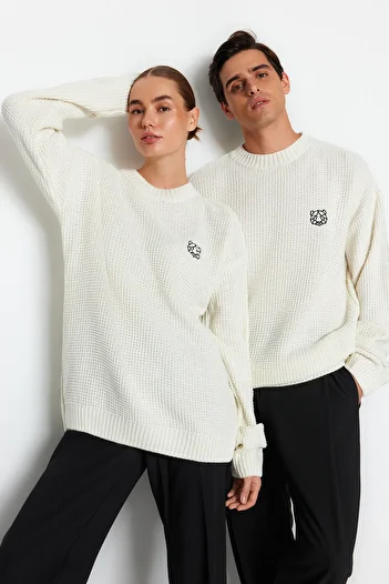 Trendyol Collection Ecrufarbener, bestickter Oversize-Strickpullover mit Rundhalsausschnitt - TMNAW24KZ00032