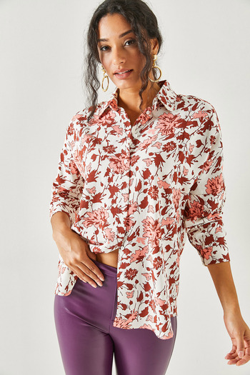 Olalook Women's Stone Powder Bat Oversize Linen Viscose Shirt GML-19001071