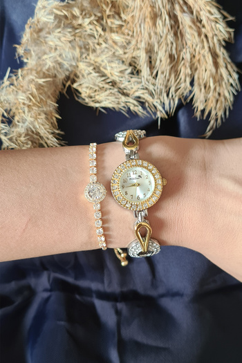 Polo Air Elegant Vintage Women's Wrist Watch and Bracelet Combo - Silvery Yellow Zirconia