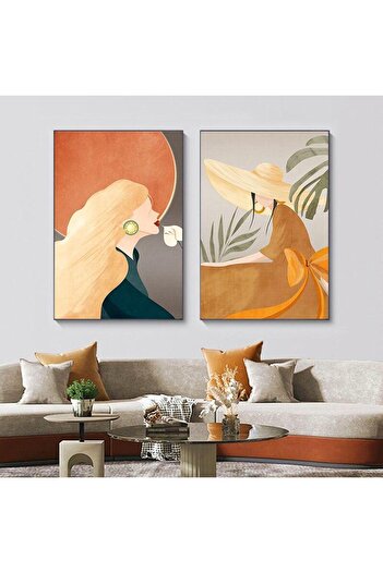 Linacci Set of 2 Black Aluminum Metal Frame Women Artistic Abstract Orange Glass Painting
