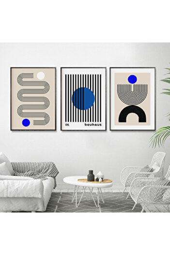 Linacci Triple Black Aluminum Metal Framed Scandinavian Blue Modern Leaf Glass Table Poster Set