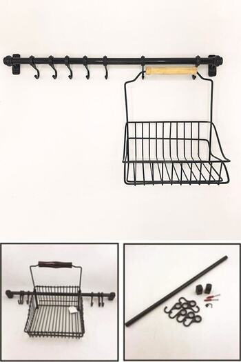 DURNES Retro Hanging Kitchen Basket Countertop Wall Hanging Organizer with Wooden Handle