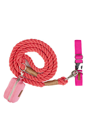 Lusi Doog Dog Collar, Travel Rope and Poop Bag Set (PINK)