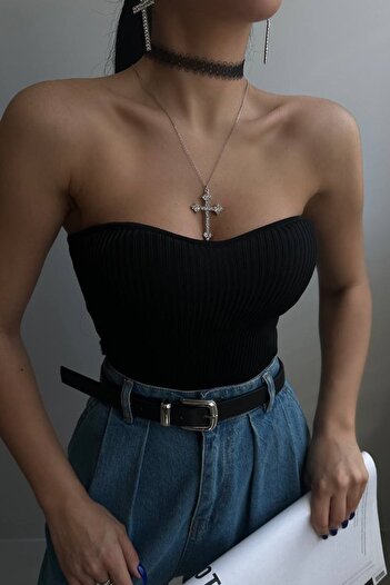 lovebox Women's Black Strapless Knitwear Blouse 23S15020