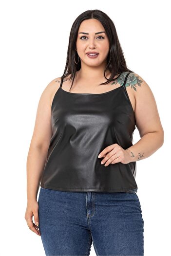 DISENTIS MODEST Plus Size Adjustable Thin Strap Leather Black Blouse with Elastic Back
