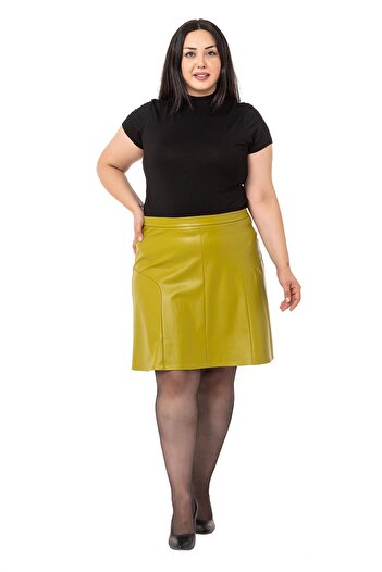 DISENTIS MODEST Plus Size Leather Pistachio Green Mini Skirt