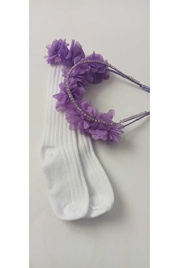 Sare Çocuk Giyim Girl's White Knee-Cuff Socks Set with Flower Buckle