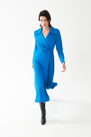 Jus De Pommes PETROL BLUE JACKET COLLAR LONG SLEEVE MIDI SIZE DRESS