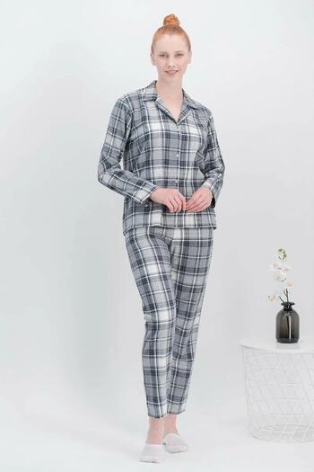 Arnetta Women's Gray Checkered Plaid Shirt Top and Bottom Pajama Set
