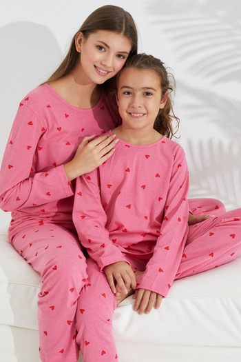 Siyah İnci pink heart patterned cotton pajama set