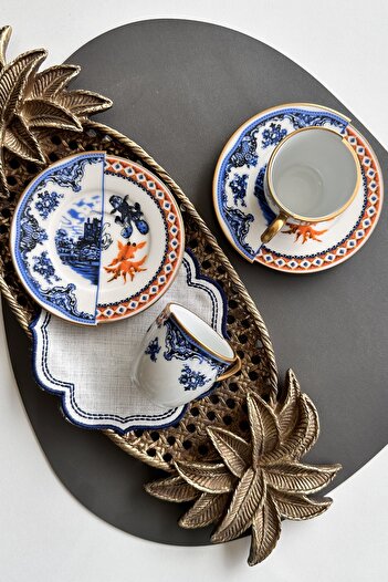 porselenden Gold Fish Series Two Patterned, Double Pattern Coffee Cup Set for 2 Persons