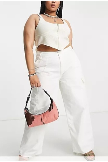For Big Trend Women's Plus Size Wide Leg High Waist Woven Trousers with Side Pockets and Flap Pockets (Not Flexible.)