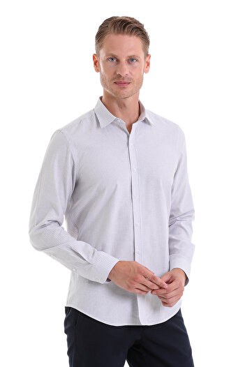 Hatemoğlu Γκρι Comfort Fit Ριγέ βαμβακερό μακρυμάνικο αθλητικό πουκάμισο με λεπτή λαιμόκοψη