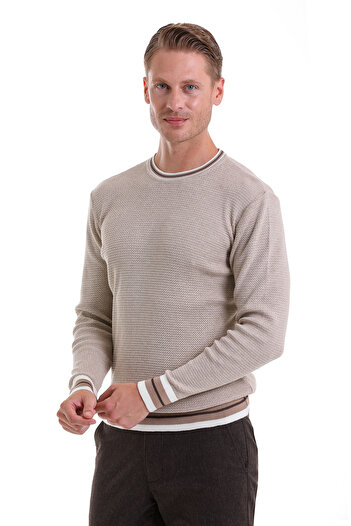 Hatemoğlu Bej Comfort Fit Düz Pamuklu Bisiklet Yaka Casual Triko Kazak
