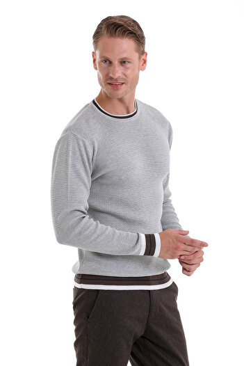 Hatemoğlu Γκρι Comfort Fit Απλό βαμβακερό πλεκτό πουλόβερ με λαιμόκοψη