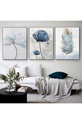 Linacci Triple Black Aluminum Metal Framed Blue Feather Leaf Glass Table Poster Set
